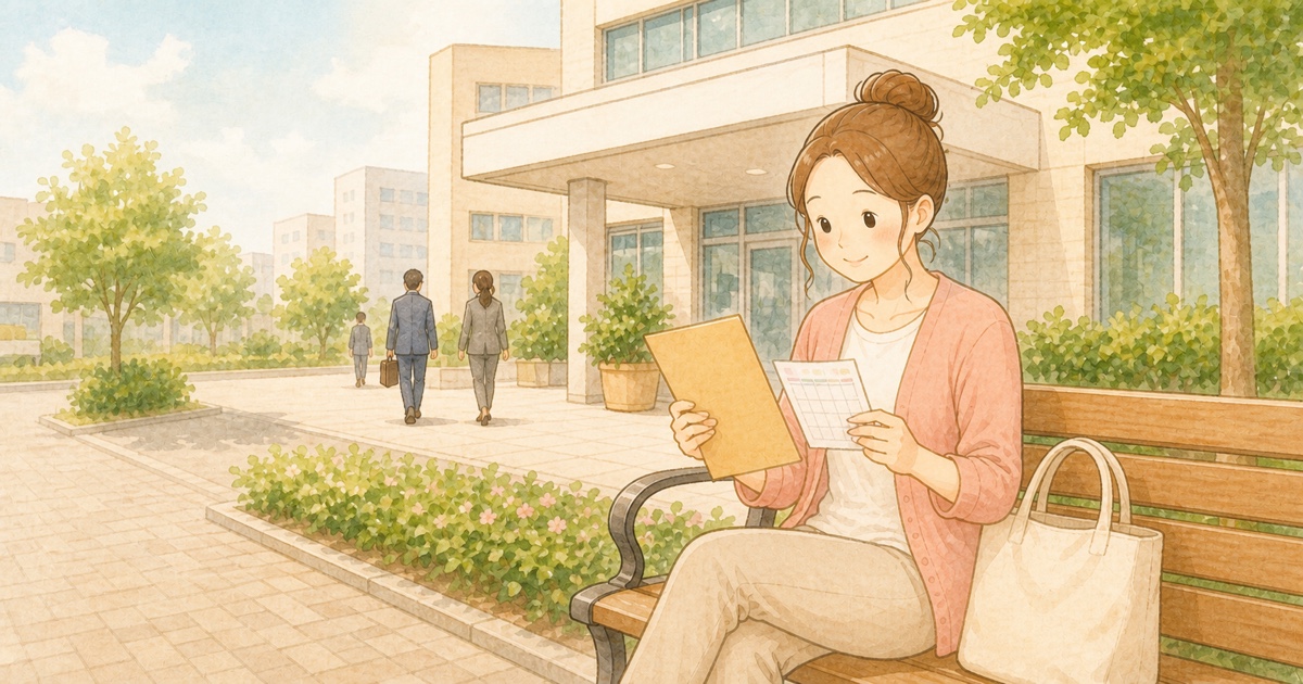 病院の前のベンチで、診断書の封筒とカレンダーを確認する女性のイラスト