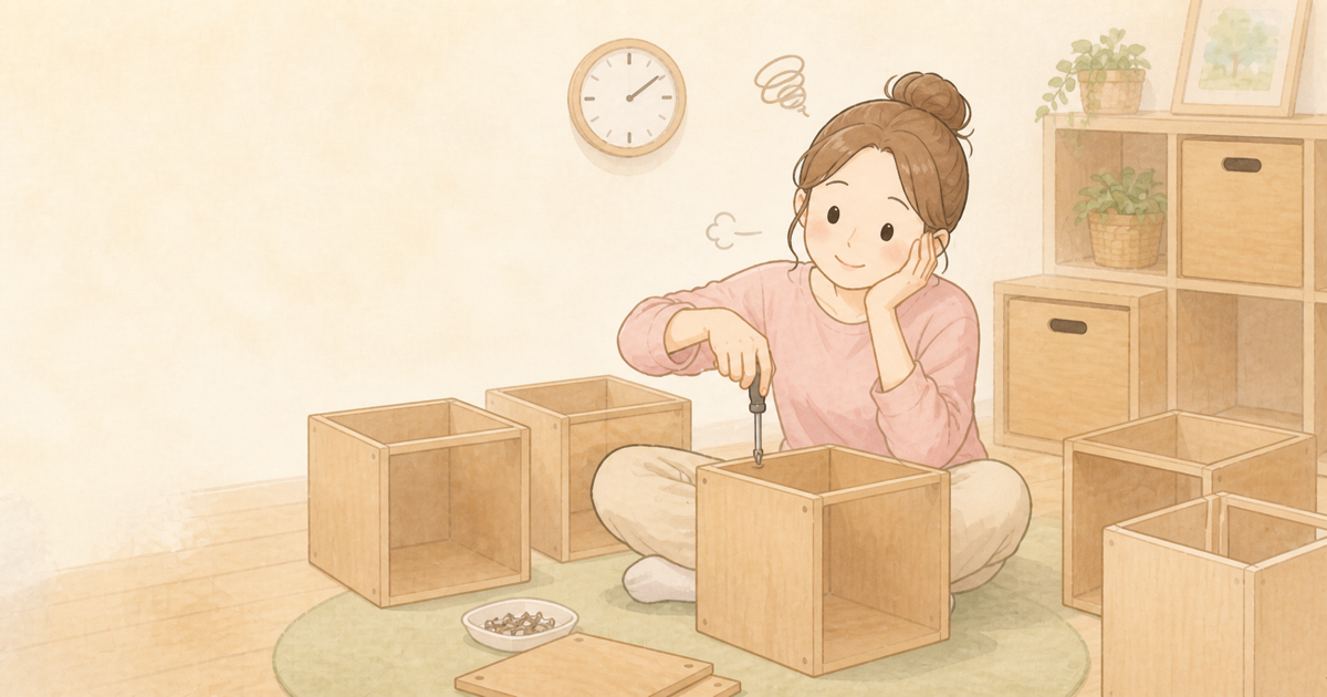 たくさんの収納ボックスを普通のドライバーで組み立てながら、時間と労力について考える女性のイラスト